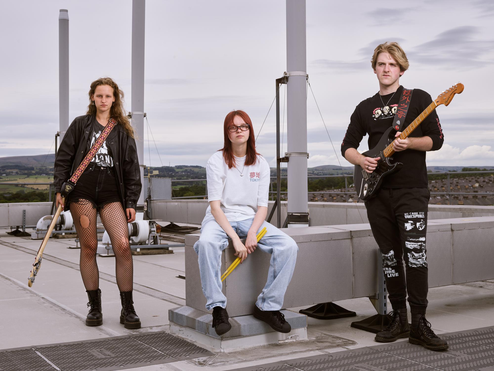 Burnley COllege Sixth Form Centre Band Until Joy prepare to play on the College Campus roof