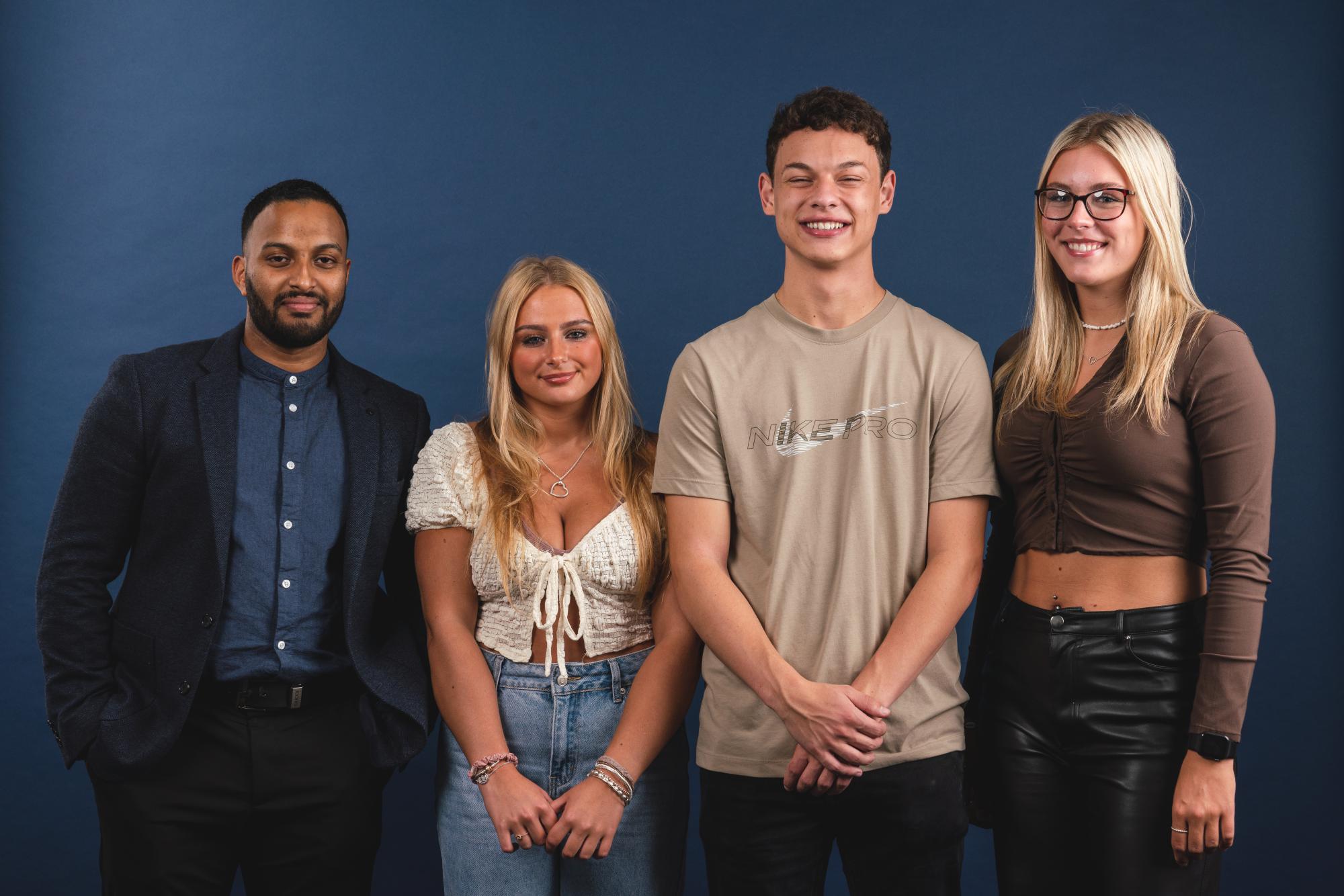 Jahed Ali, Programme Leader in Sport Science at Burnley College Sixth Form Centre with Elite Athletes Tilly Vasic, Joshua Fireman and Ella Roberts.