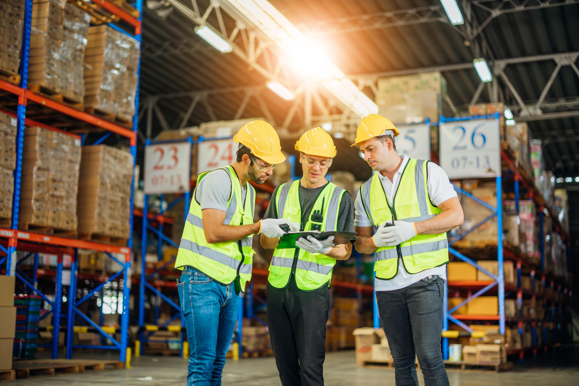 Three yellow hatted workers in a warehouse