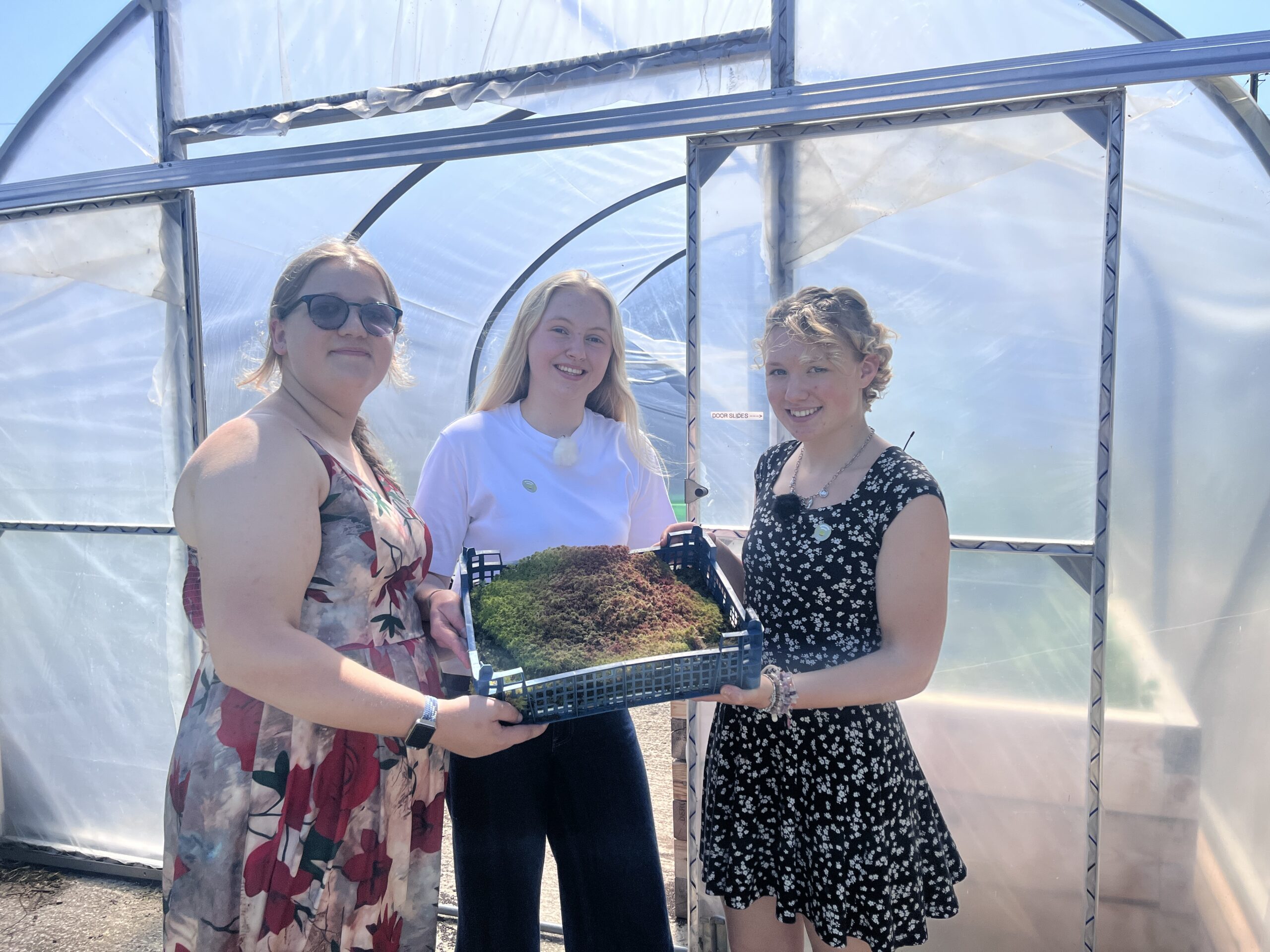 Three students holding moss