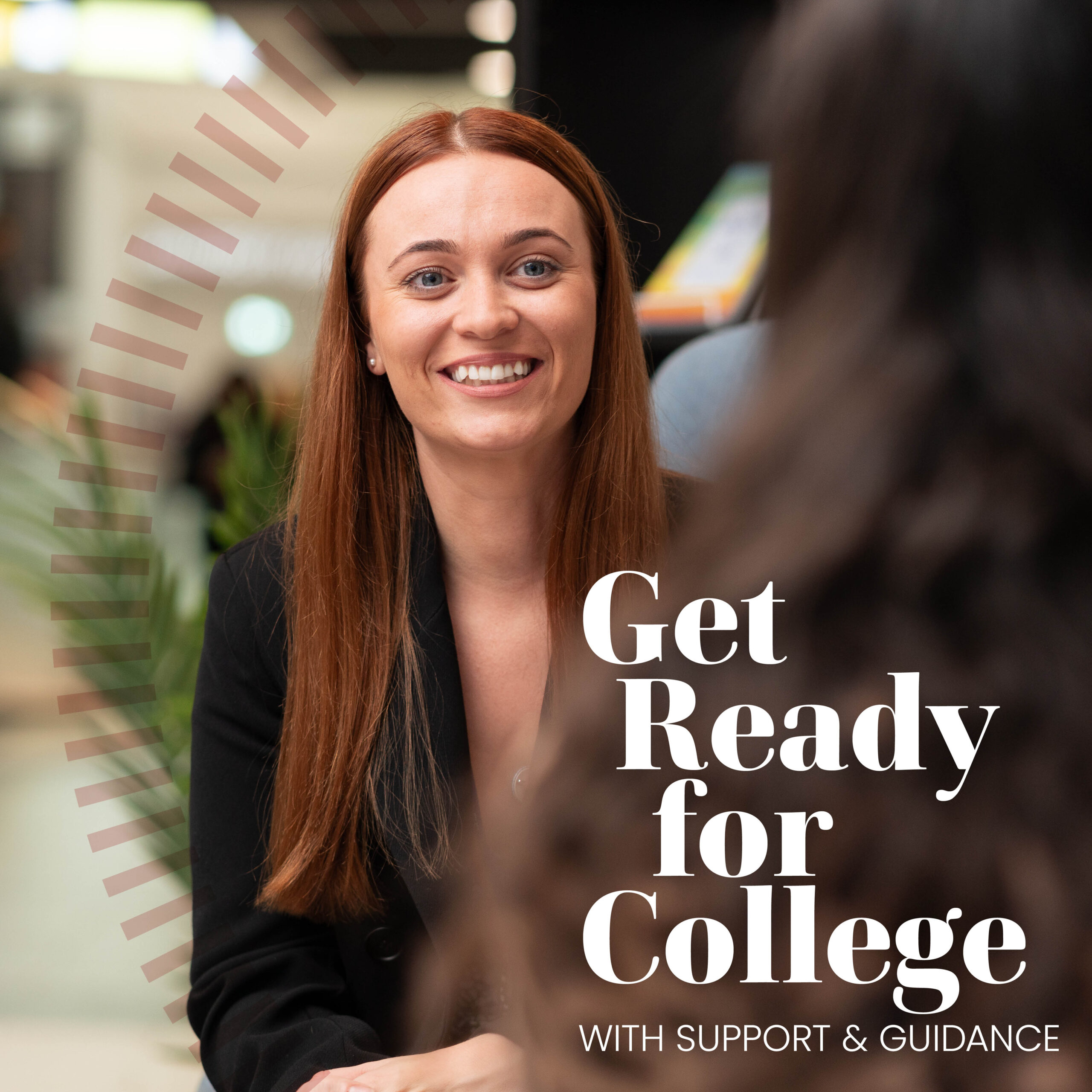Get ready for college with support and guidance text next to a photo of a smiling School Liaison team member