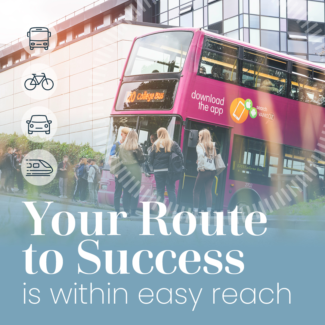 Your Route to Success is within easy reach text with bus icon, bicycle icon, car icon and train icon on-top of a pink double decker bus